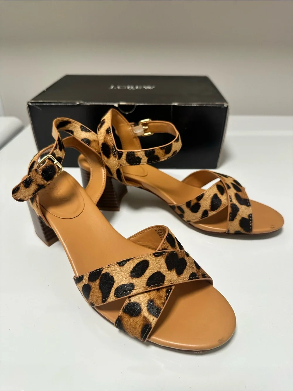 J. Crew Leopard Print Block Heel Sandals in Tan and Black